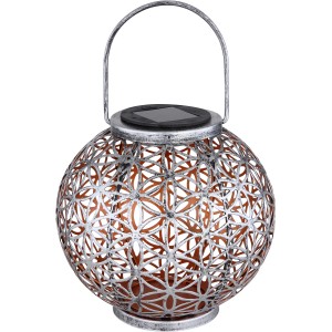 Silberne Globo LED Solaraußenleuchte Kugel mit Lebensblume, zum Hängen oder Stellen.