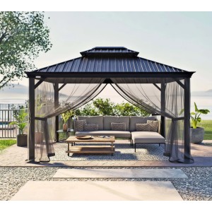 Anthrazitfarbener Sojag Aluminium Pavillon Messina 10x12 mit Moskitonetz und Gartenmöbeln.