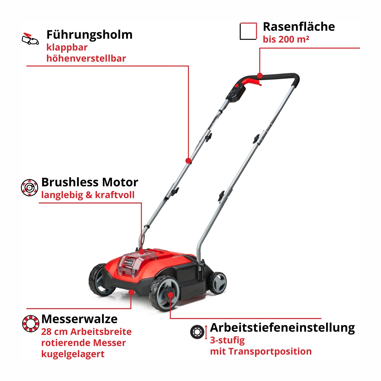 Einhell Akku-Vertikutierer GC-SC 18/28 Li-Solo: Elektro-Vertikutierer mit rotierender Messerwalze und klappbarem Führungsholm.