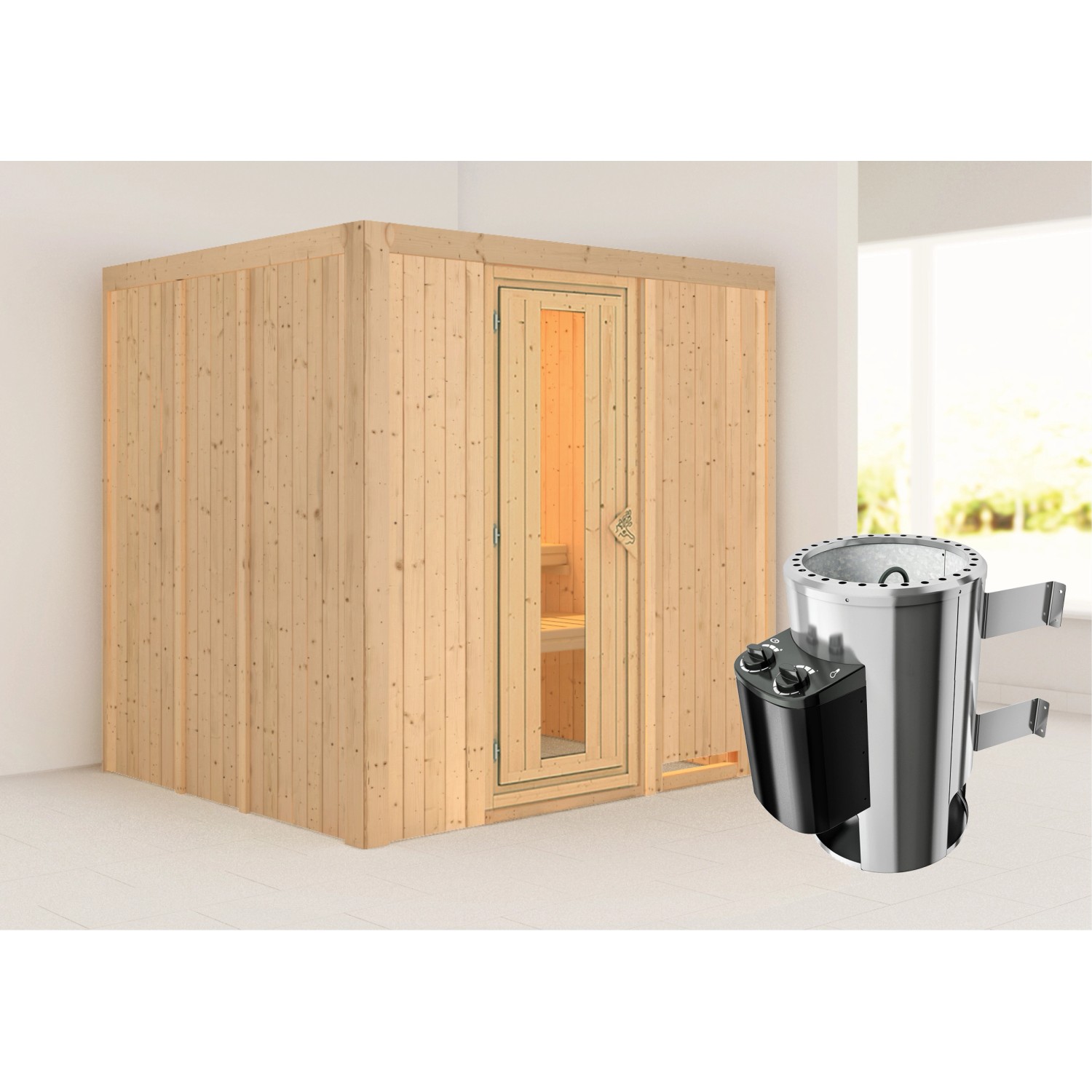 Karibu Sauna Dilja mit Ofen und Glastür, Massivholzsauna für entspannende Momente.