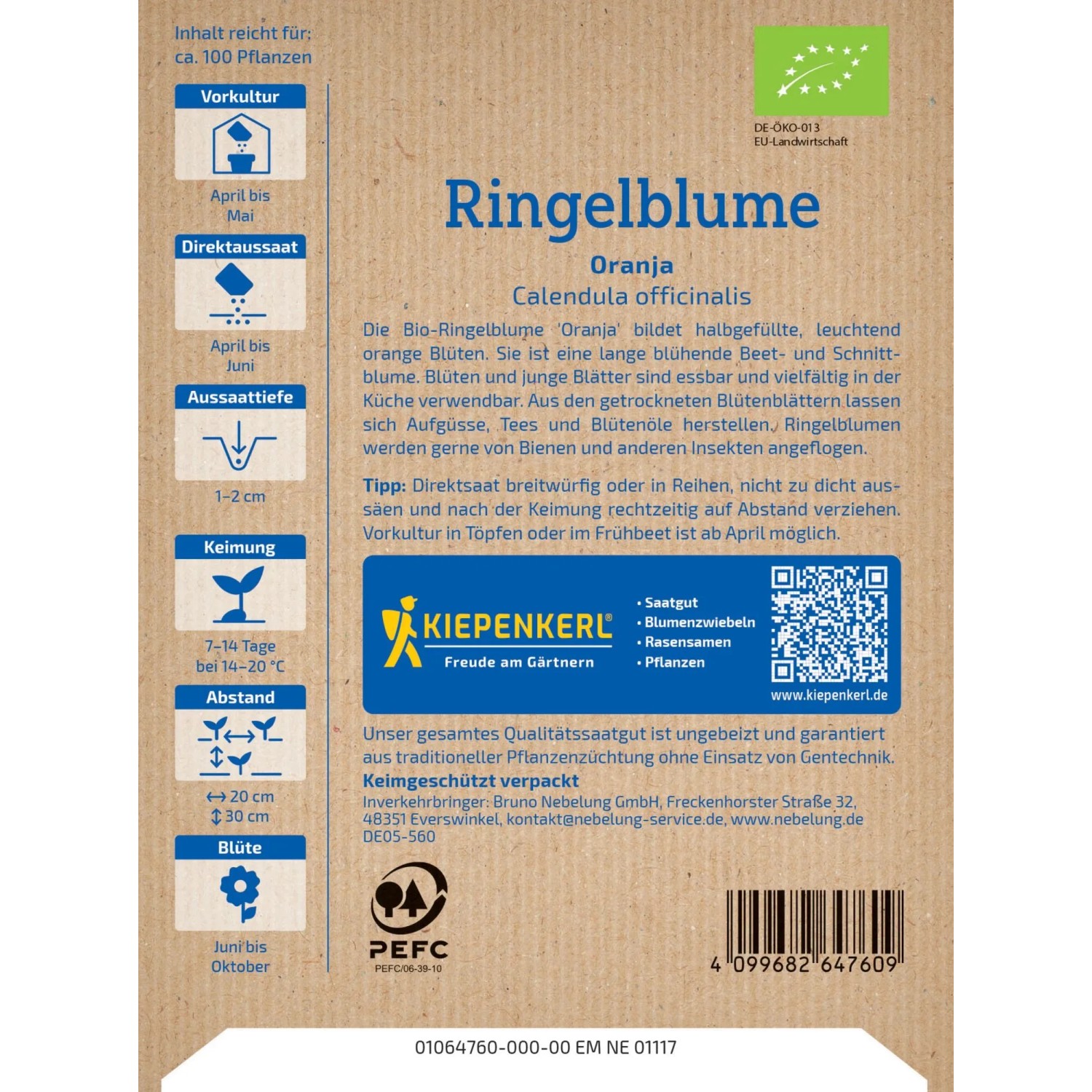 Kiepenkerl BIO Ringelblume Oranja Saatgutpackung mit orangefarbenen Blüten.