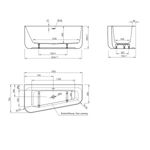 Technische Zeichnung der Ottofond Badewanne Pino 155x75 cm (rechts) mit Maßangaben.