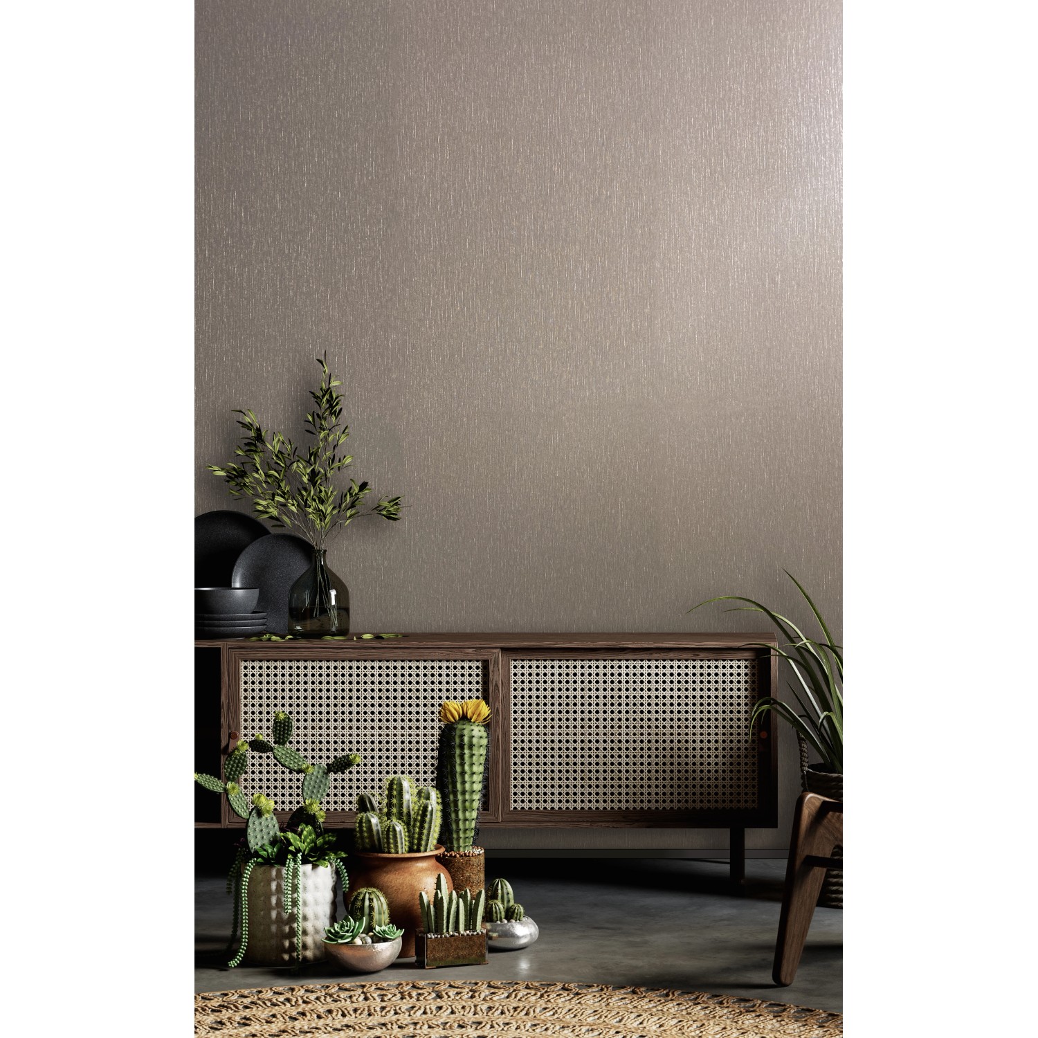 Marburg Vliestapete Villa Romana 53 Uni Braun, Dekorative Tapete im Wohnraum mit Kommode und Pflanzen.