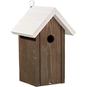 Braun-weißer Vogelnistkasten aus Pinienholz für Wildvögel.