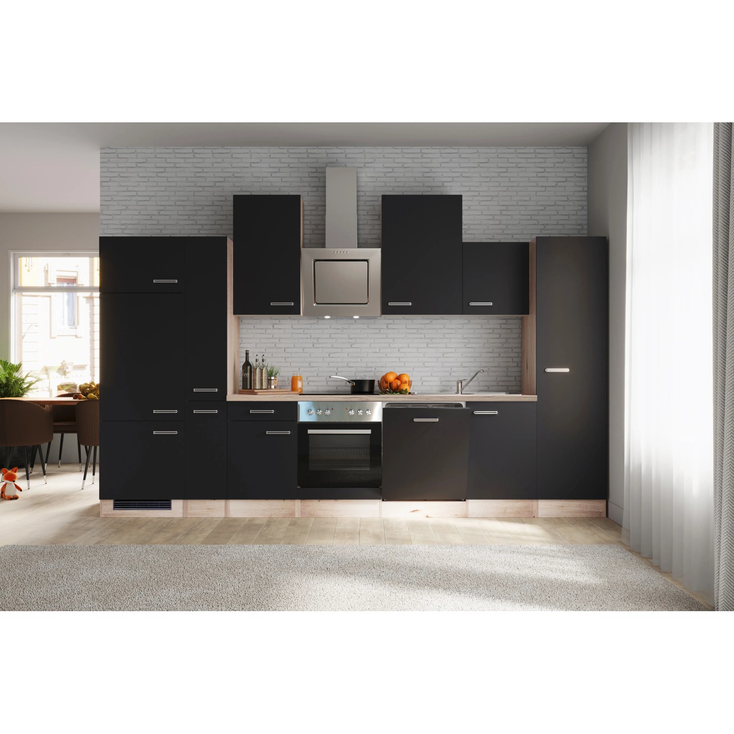 Moderne Flex-Well Küchenzeile Lara, 360 cm, in Anthrazit und San Remo Eiche Optik mit E-Geräten.
