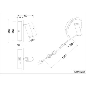 Technische Zeichnung der Trio LED-Wandleuchte Jordan in Nickel Matt mit Maßen.
