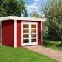 Rotes Weka Holz-Gartenhaus Designhaus 126 Plus mit Flachdach und Doppeltür im Garten.