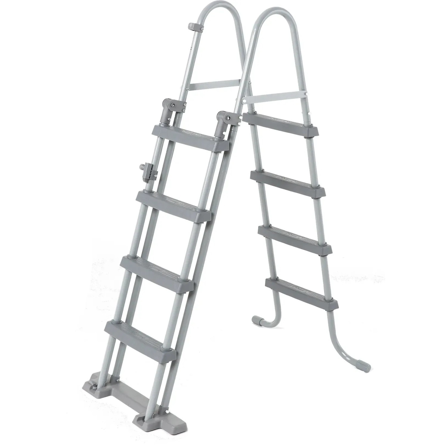 Graue Sicherheitsleiter für Chemoform Stahlwandpool Set Steely Supreme, mit abnehmbarem Vorderteil.
