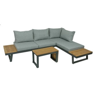 3-teilige Lounge-Gruppe Felice FSC® mit grauem Sofa, Kissen und Akazientisch für Garten und Terrasse.