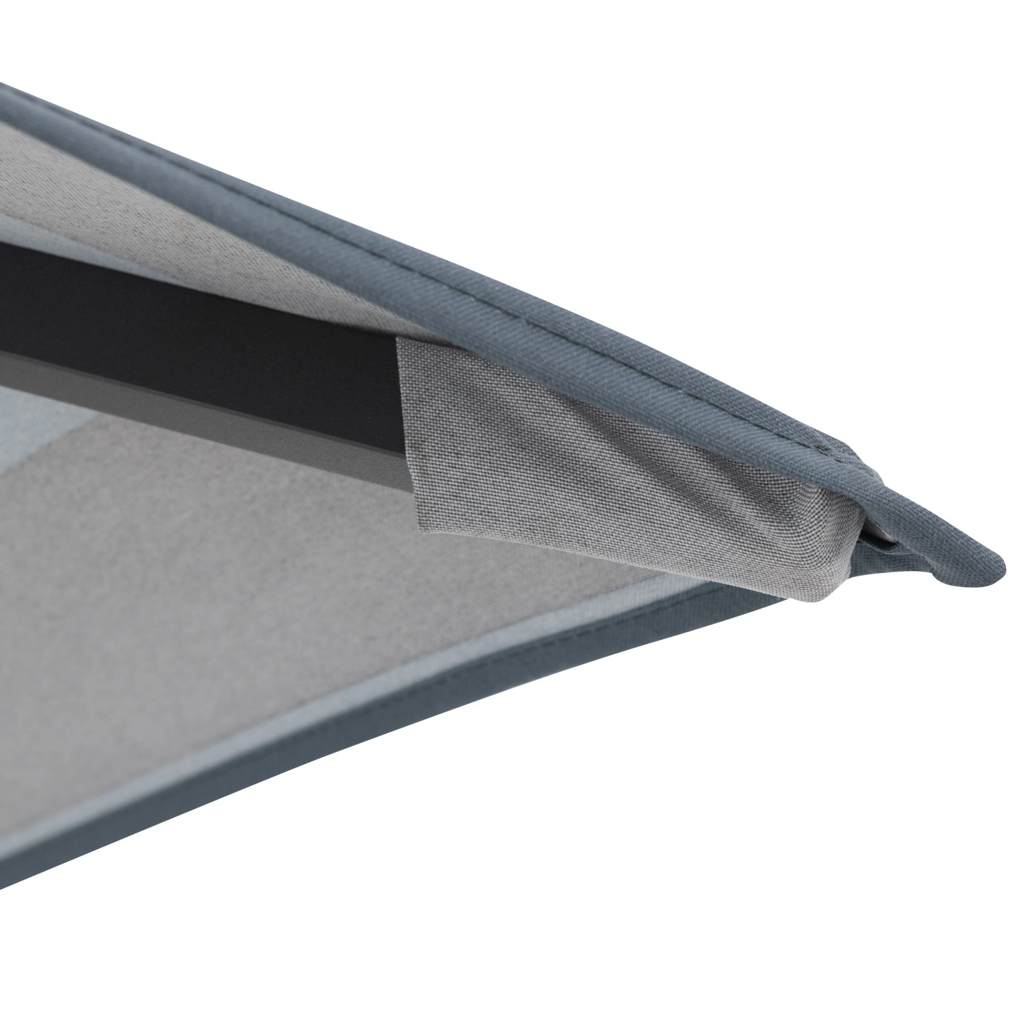Detailaufnahme des blau-grauen Doppler Marktschirms MyZone mit Knickfunktion.