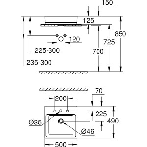 Technische Zeichnung Grohe Aufsatzwaschbecken Cube, 50cm, Alpinweiß, Maße und Details.