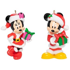 Disney Weihnachtsanhänger: Mickey und Minnie als 3D Figuren im Santa-Outfit mit Geschenken.