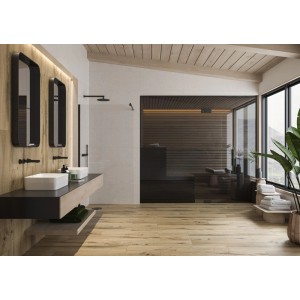 Beige Cersanit Bodenfliese Northwood Feinsteinzeug in Holzoptik im modernen Bad mit Sauna.