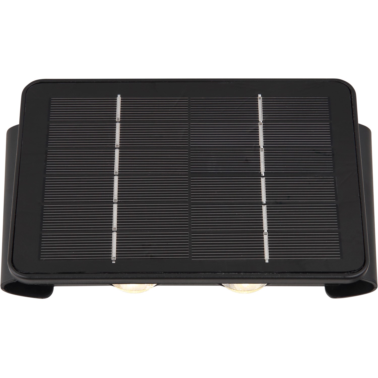 Schwarze Globo LED Solar-Wandleuchte, 17 cm breit, mit Solarpanel und zwei Leuchten.