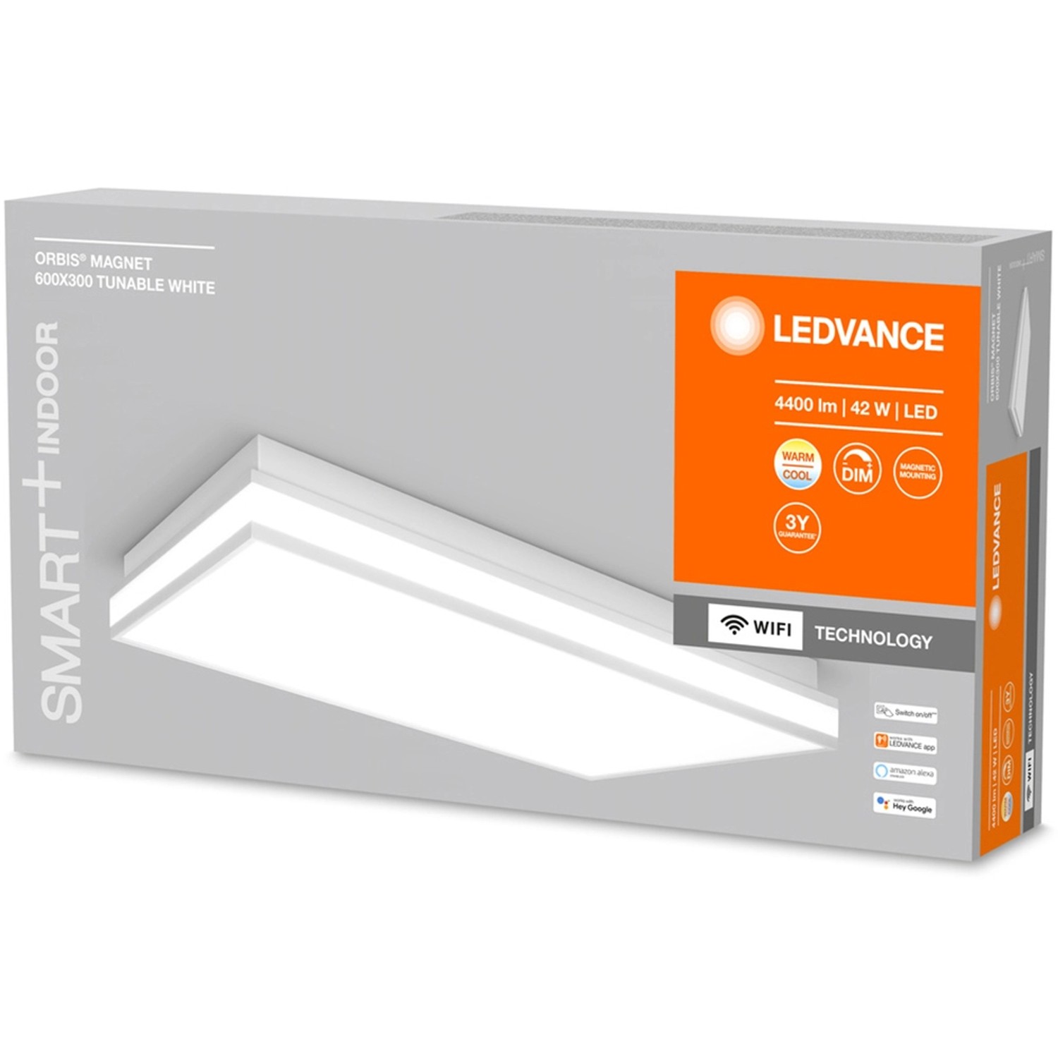 Verpackung der Ledvance Smart+ WiFi Deckenleuchte Orbis Magnet, 60x30 cm, tunable white.