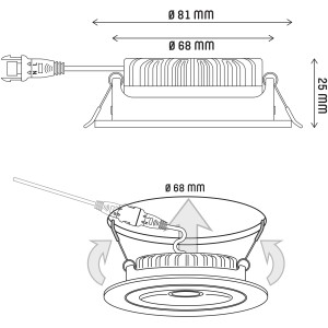 Skizze des schwarzen LED-Einbaustrahlers, dimmbar, mit Maßangaben.