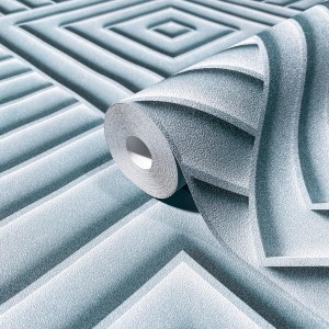 Blaue Marburg Vliestapete mit grafischem Muster und Rolle im Vordergrund.