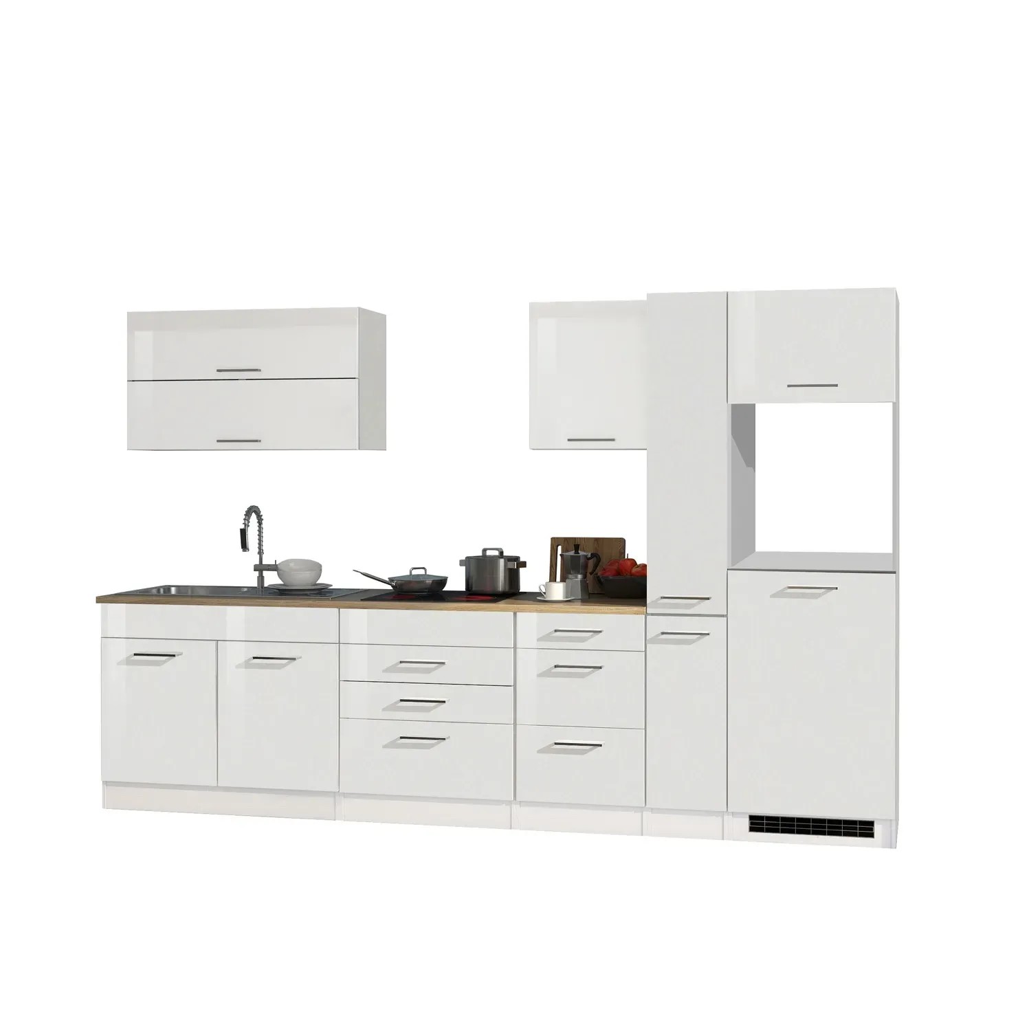 Küchenzeile Mailand, 320 cm, Weiß Hochglanz/Matt, ohne E-Geräte. Moderne Einbauküche mit Spüle und Hängeschränken.