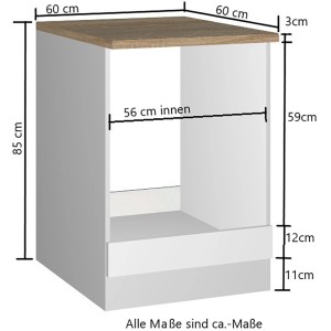 Held Möbel Herdumbauschrank Mailand, 60 cm, Hochglanz Weiß/Weiß mit Maßen.
