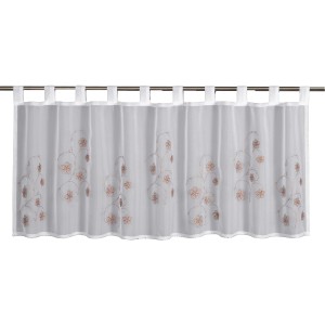 Transparente, braune Sehlbach Bistrogardine mit Stickblüten und Schlaufen, 135x45 cm.