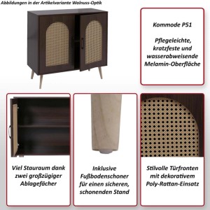 Braune Kommode P51 mit Poly-Rattan-Türen und Holzfüßen, teilweise geöffnet.