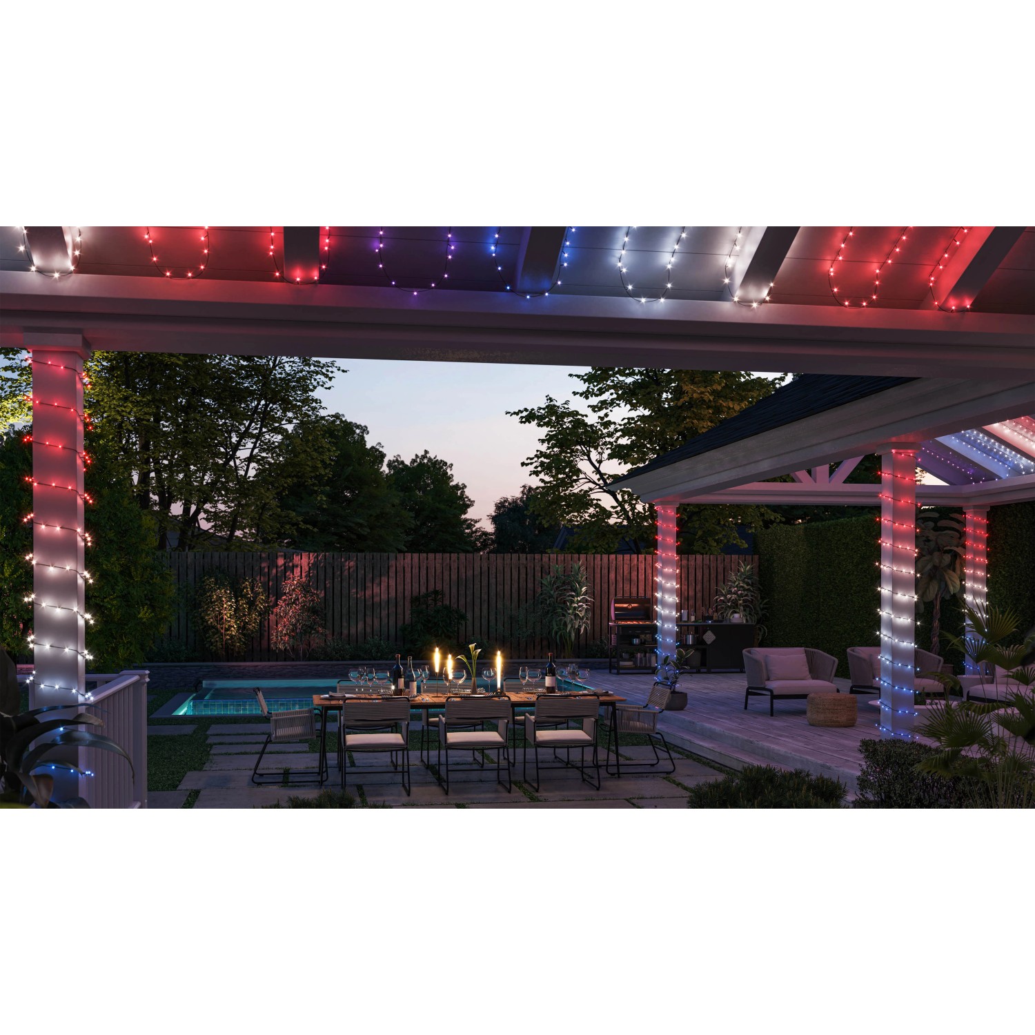 Philips Hue Festavia Lichterkette mit 250 LEDs in Rot, Weiß und Blau an einer Pergola.