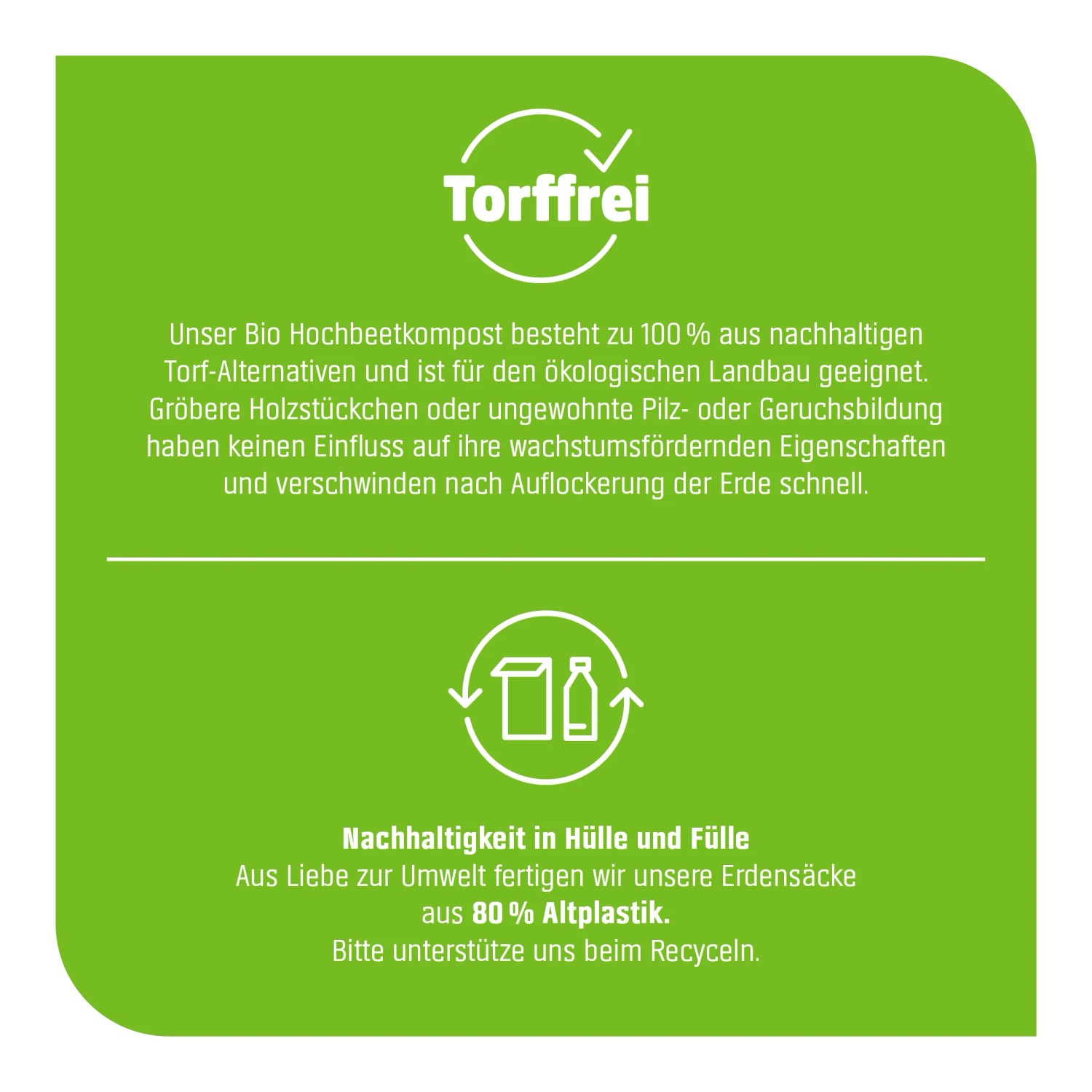 Info-Grafik: GROW by OBI BIO Hochbeetkompost torffrei, aus Recyclingmaterial, nachhaltig.