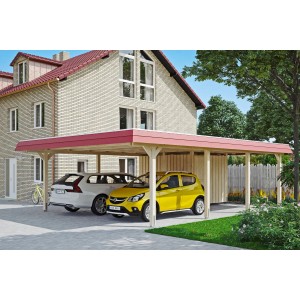 Skan Holz Doppelcarport Wendland Natur mit roter Blende und zwei geparkten Autos.