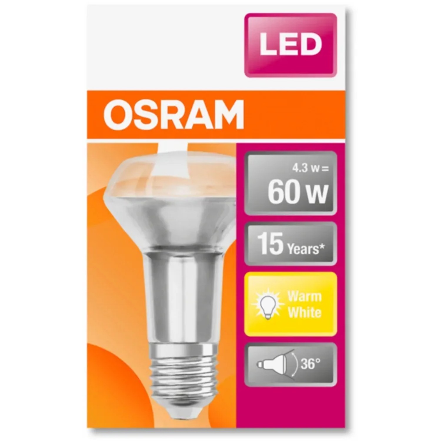 Osram LED Reflektorlampe E27, 4,3W, warmweiß, R63, für Wohnräume.