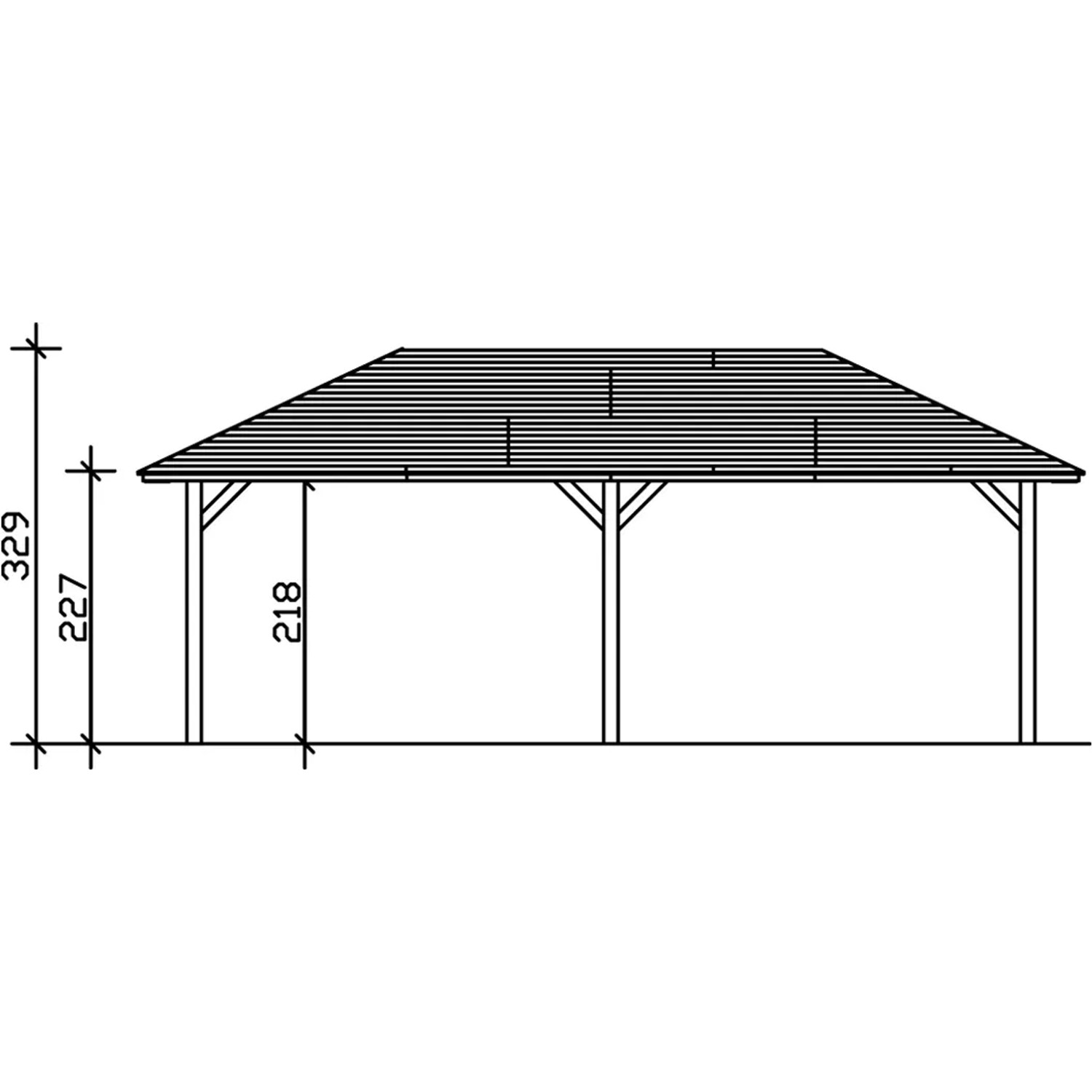 Technische Zeichnung: Skan Holz Carport Taunus, 439x786 cm, Nussbaum, mit Maßangaben.