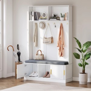 okwish Garderobenständer mit Schuhbank 6 Dreifach-Haken Flur 120x191x40cm Weiß