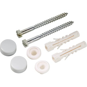 WC Befestigungs-Satz hellgrau: Schrauben, Dübel, Unterlegscheiben und Abdeckkappen für Stand-WCs.