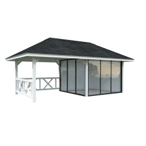 Palmako Pavillon Bianca Set, 588x300 cm, weiß lackiert. Weekendhaus mit Schiebetüren und Geländer.