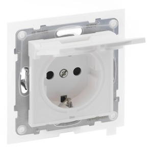 Legrand Seano Steckdose, ultraweiß, mit geöffnetem Deckel. Schutzart IP44.
