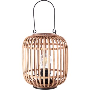 Helle, braune Tischleuchte Woodrow von Brilliant mit Tragegriff, Ø 21,5 cm. Design-Tischlampe im Laternen-Stil.