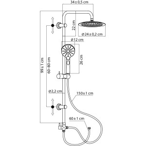 aquaSu Duschsystem Acana Schwarz, Maße: Kopfbrause Ø24cm, Handbrause Ø12cm, Stange 99cm, Schlauch 150cm.