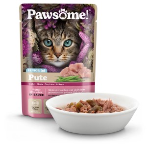 Pawsome Katzen-Nassfutter Senior Pute, 85g Packung und Schale mit Futter.
