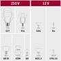 Übersicht verschiedener Leuchtmittel-Sockel: E27, E14, GU4, G4, GU10, COIN, G9, GU5.3, GY6.35.