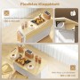Weiße HOMCOM Kücheninsel mit ausklappbarer Holz-Arbeitsplatte, gefaltet und ausgeklappt, mit Frühstück. Flexibler Stauraum.