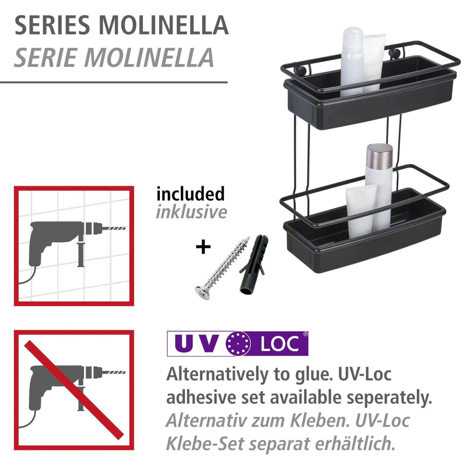 Wenko Wandregal Molinella mit 2 Etagen, schwarz, aus Edelstahl und Kunststoff. Inkl. Schrauben.