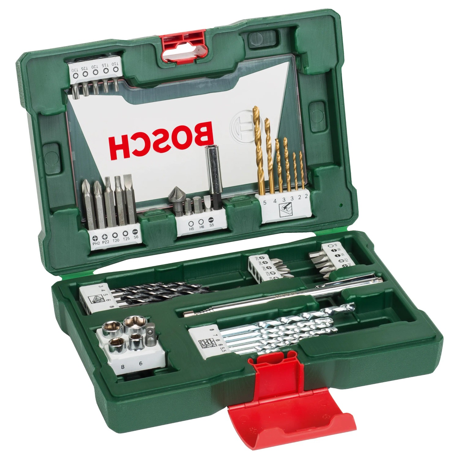 Bosch V-Line Bohrer- und Bit-Set, 48-teilig im grünen Koffer mit verschiedenen Bohrern und Bits.