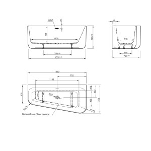 Technische Zeichnung Ottofond Badewannen-Set Pino 155 cm Links mit Maßen.