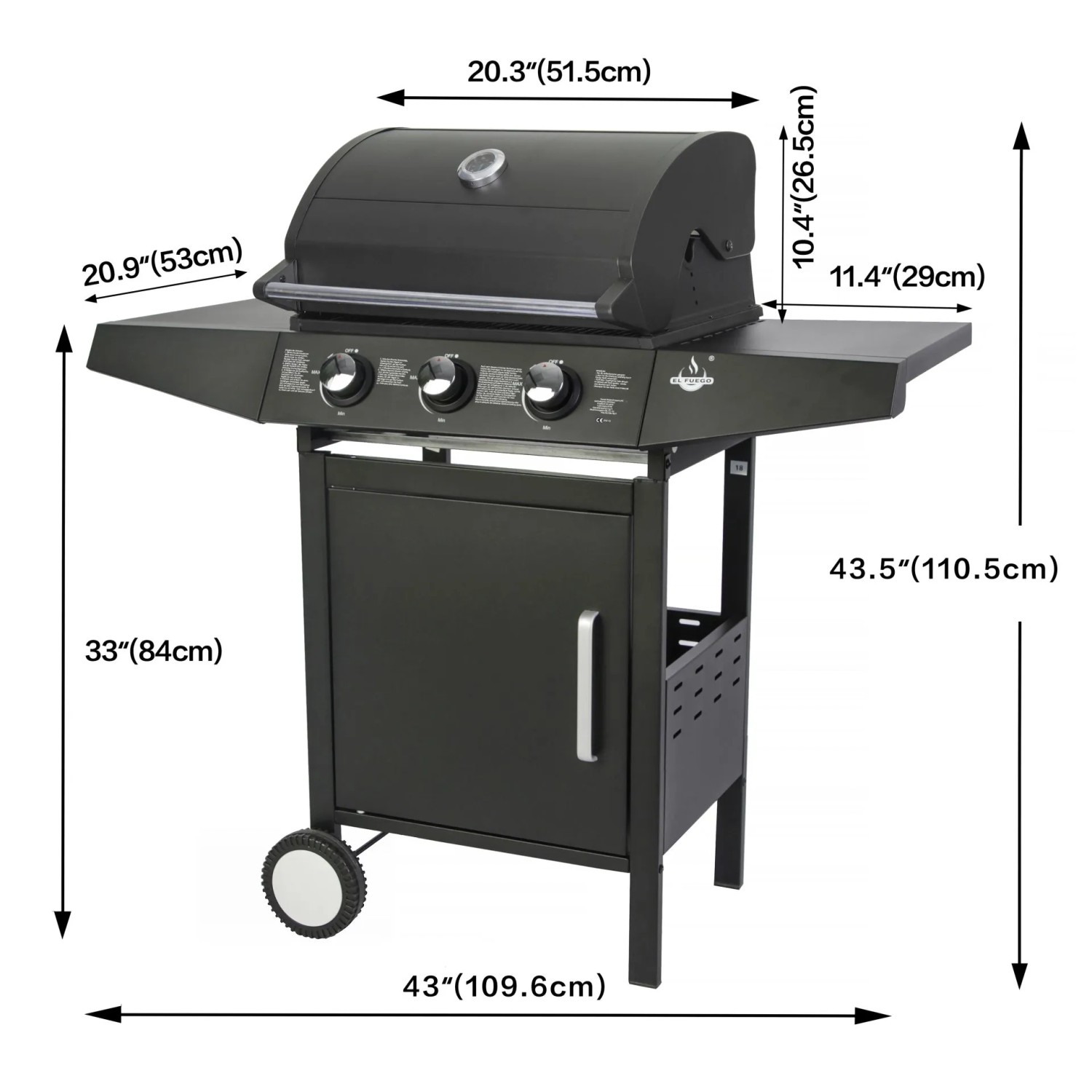 El Fuego Gasgrill San Angelo mit 3 Brennern, ca. 109,6x110,5x53cm, mit Unterschrank und Seitenablage.