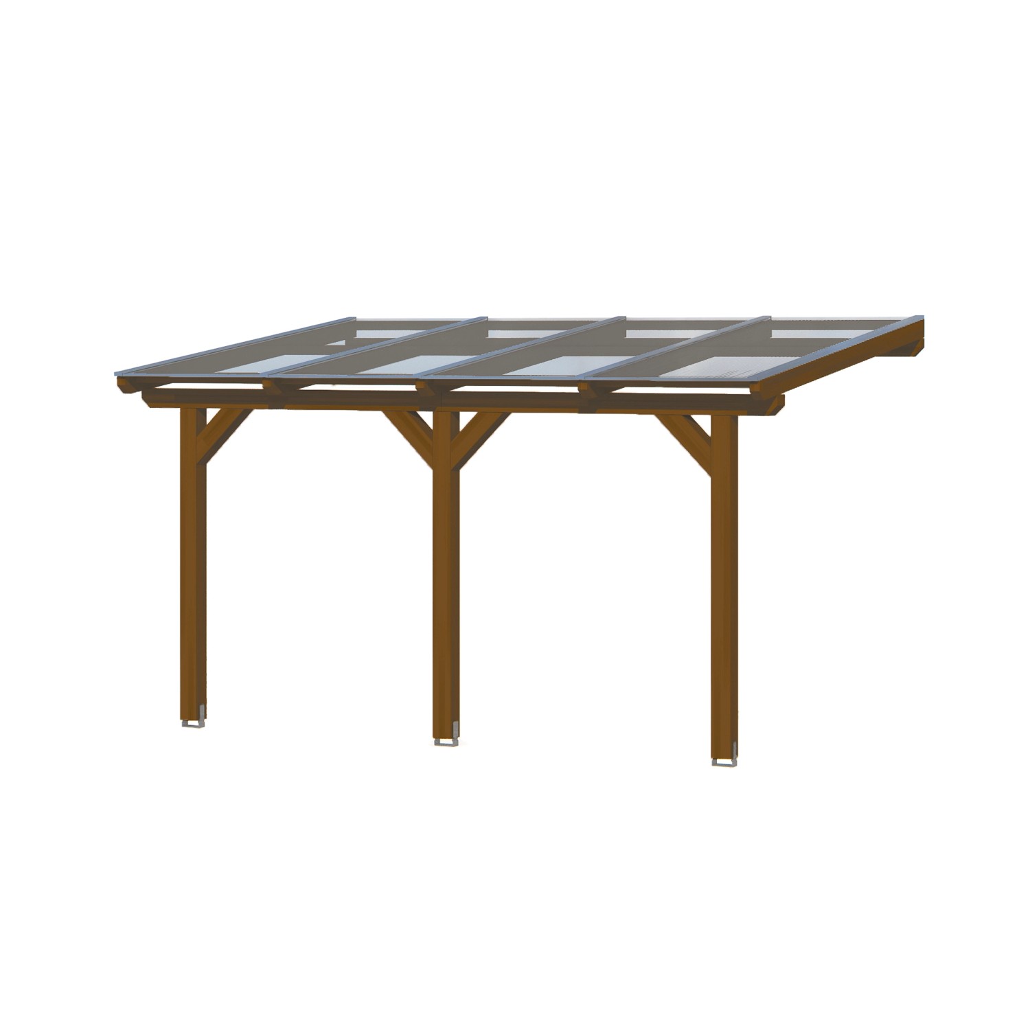 Skan Holz Terrassenüberdachung Bormio, 434x250 cm, Leimholz Nussbaum mit klarer Polycarbonat-Dacheindeckung.