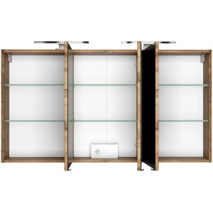 Held Möbel Spiegelschrank Bari, 120 cm, matt Weiß/Wotaneiche, mit LED-Leuchten und Glasböden.