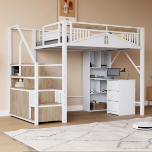 okwish Hochbett 140x200cm mit Sicherheitsgehäuse Leiter Spind Jugendzimmer Weiß ohne Matratze