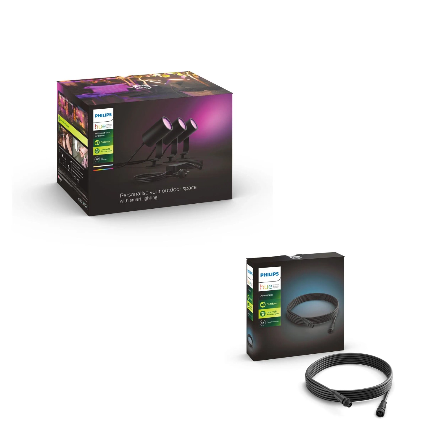Philips Hue Lily Gartenstrahler Set mit 3 schwarzen smarten Leuchten und 5m Verlängerungskabel für farbiges Außenlicht.