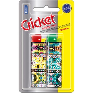 2er-Pack Cricket Feuerzeuge New Look mit bunten Mustern, ideal als Grillanzünder.