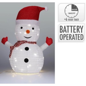 3D Schneemann, rot-weiß, mit 30 warmweißen LEDs. Batteriebetriebene Weihnachtsdekoration für außen.
