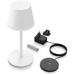 Philips Hue Go Tischleuchte, tragbar, weiß, mit Ladestation und Zubehör.